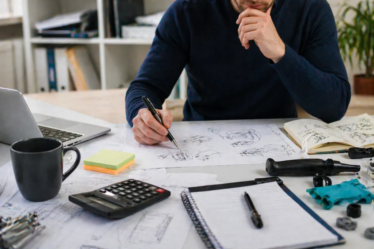 An inventor reviewing sketches and notes during the validation stage of the licensing process.
